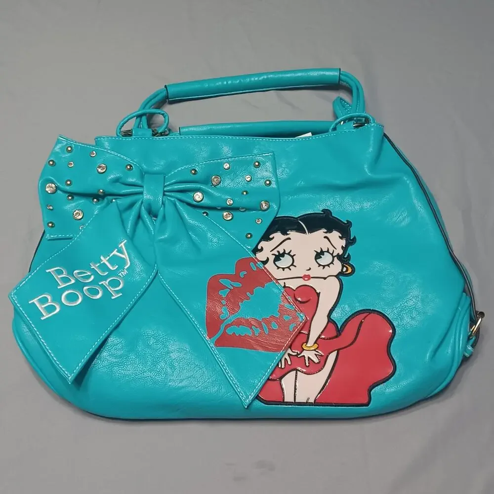 Betty Boop Teal Faux Leather Handbag Oversized Rhinestone Bow Satchel